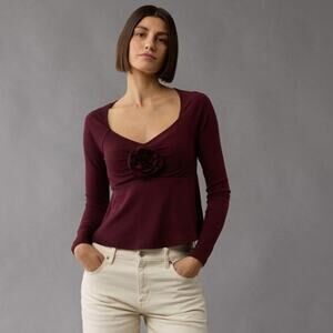 American Eagle Women Medium Long Sleeve Rose Detail Babydoll Top